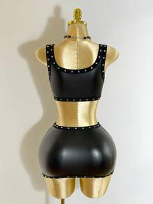 Mistrie 女士新款无袖性感方领吊带背心裙，饰有铆钉刺绣设计，低腰露肩迷你蓬蓬裙，搭配PU皮革套装，朋克风街头服饰，万圣节节日女装套装。 - 黑色 - 查看 6