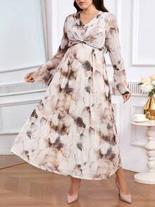 Modelyn Plus Size Color Block V-Neck Flare Sleeve Twist Knot Dress For Women - Multicolor - View 5