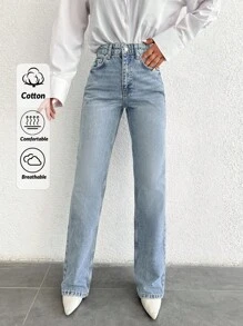 SHEIN Tall Tall High Waist Casual Straight Jean Jeans For Women Women Jeans High Waisted  Women S Summer Clothes - Medium Wash - View 1