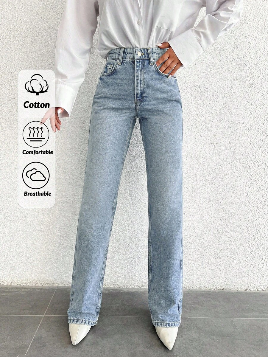 SHEIN Tall Tall High Waist Casual Straight Jean Jeans For Women Women Jeans High Waisted  Women S Summer Clothes - Medium Wash - View 1