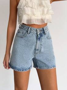 EURMUSE High Waist Rigid Bet Detailed Denim Short - Light Wash - View 3
