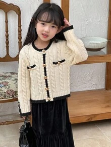 DAZY Cárdigan de cuello redondo con trenzado frontal de estilo coreano de punto de cable para niña, otoño e invierno - Blanco - Ver 4