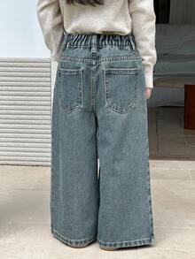 DAZY 年轻女孩街头休闲韩版水洗宽松阔腿长款牛仔裤 - 藍色 - 查看 2