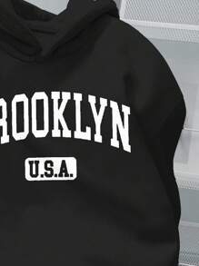 SHEIN 青少年男孩休闲图案长袖连帽厚运动衫，适合秋冬季 - 黑色 - 查看 2