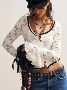 Bohemela 波西米亚风度假休闲纯色针织蕾丝喇叭袖V领女式衬衫 - 白色 - 查看 5