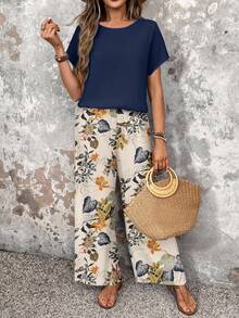 EMERY ROSE 2pcs/Set Women Casual Floral Pattern Round Neck Top And Loose Pants, Versatile For Autumn & Summer Women Wide Leg Pants Floral Pants