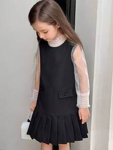 SHEIN Robe blanche à manches longues en maille, plissée au bas, confortable, pour jeunes filles. Automne/Hiver - Noir - Voir 3