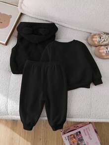 SHEIN 3pcs/Set Baby Girl Cute Black Furry Cartoon Pattern Hooded Vest Sweatshirt & Elastic Waist Pants Outfit, Autumn/Winter, Thermal Lined Fall - Black - View 2