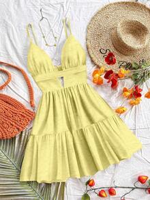 Soleia Women Casual Vacation V-Neck Hollow Out Frill Hem Mini Dress, Suitable For Summer, Resort Wear, Butter Yellow Dress, Springbreak ,Brunch-Ready Summer Dresses For Women Suitable For Going Out