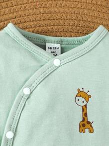 SHEIN Newborn Baby Cartoon Giraffe Print Long Sleeve Top And Pants Set - Green - View 3