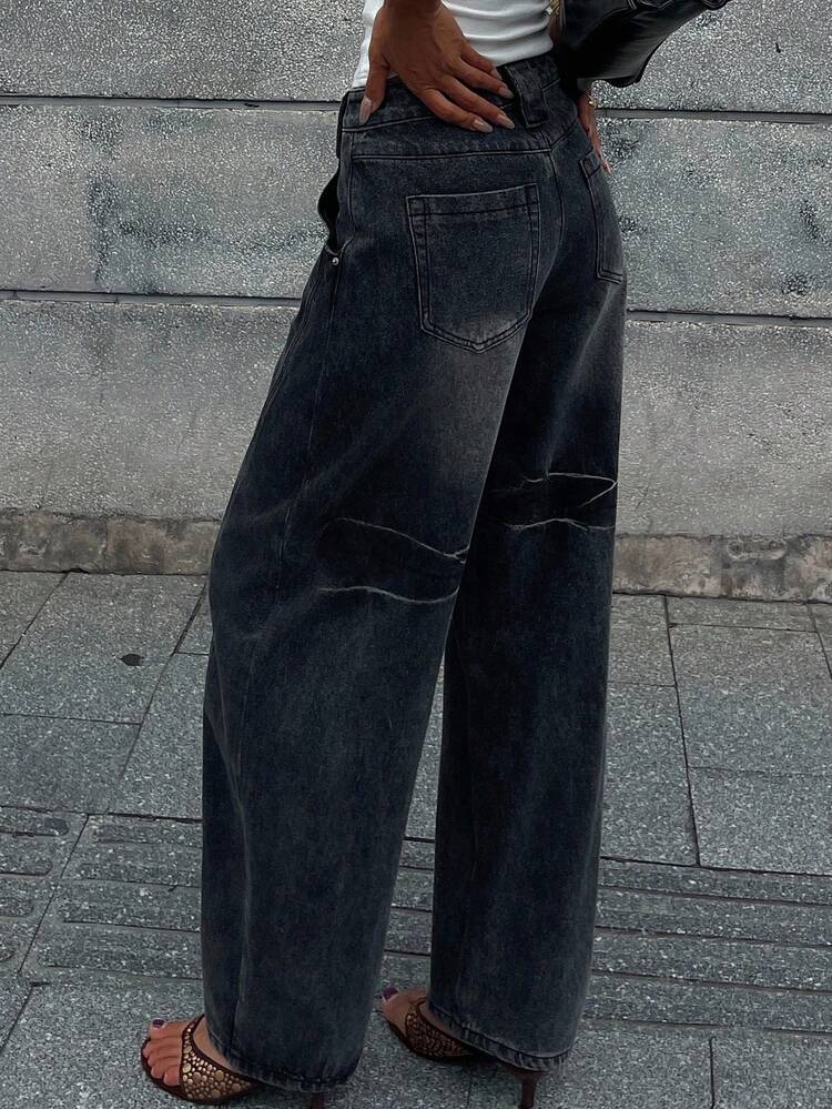 Loose Fit Vintage Washed Wide Leg Casual Jeans, American Workwear Style