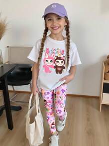 2pcs Girls Casual Cartoon Cute Colorful Rabbit Design Slogan Print Short Sleeve T-Shirt And Leggings Set, Back To School Outfit Tween Girl Shirt And Pants Girls Leggings Set Kids Tshirt And Leggings Set Tween Leggings Set Girls Graphic Tee And Leggings