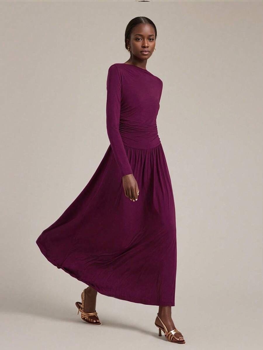 Ontre Phong cách thanh lịch, Thiết kế tối giản, Chất liệu, Vải dệt kim, Màu đỏ tía, Tay dài, Cổ đứng nhỏ, Chi tiết nhún bèo, Dáng rộng, Váy maxi nữ, Váy xòe, Trang phục mùa thu, Trang phục thường ngày, Trang phục công sở thường ngày - Màu Đỏ Sâu - Xem 1