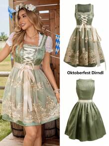 SHEIN Frenchy 2025 新款啤酒节 Dirndl 巴伐利亚啤酒节传统服装绿色连衣裙女士蕾丝连衣裙啤酒节 Dirndl 花卉刺绣网眼下摆无袖优雅连衣裙，时尚秋季必备单品！女士优雅纯色蕾丝拼接迷你连衣裙，适合啤酒节、下午茶等场合，女士复古刺绣网眼撞色无袖连衣裙女士复古方领系带腰连衣裙 - 綠色 - 查看 13
