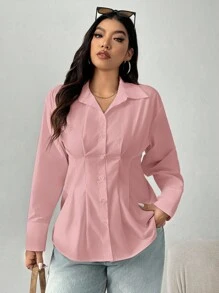 SHEIN EZwear 大码女式长袖褶皱单排扣休闲衬衫，粉色 - 粉色 - 查看 5