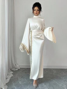 Elenzga 女式优雅喇叭袖花卉蕾丝边修身连衣裙，秋季 - 杏色 - 查看 5