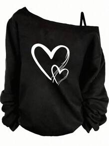 EMERY ROSE Áo thun dài tay họa tiết trái tim phong cách đại học thường ngày dành cho nữ tham dự lễ hội âm nhạc trở lại trường, phù hợp cho mùa thu/đông - màu đen - Xem 1
