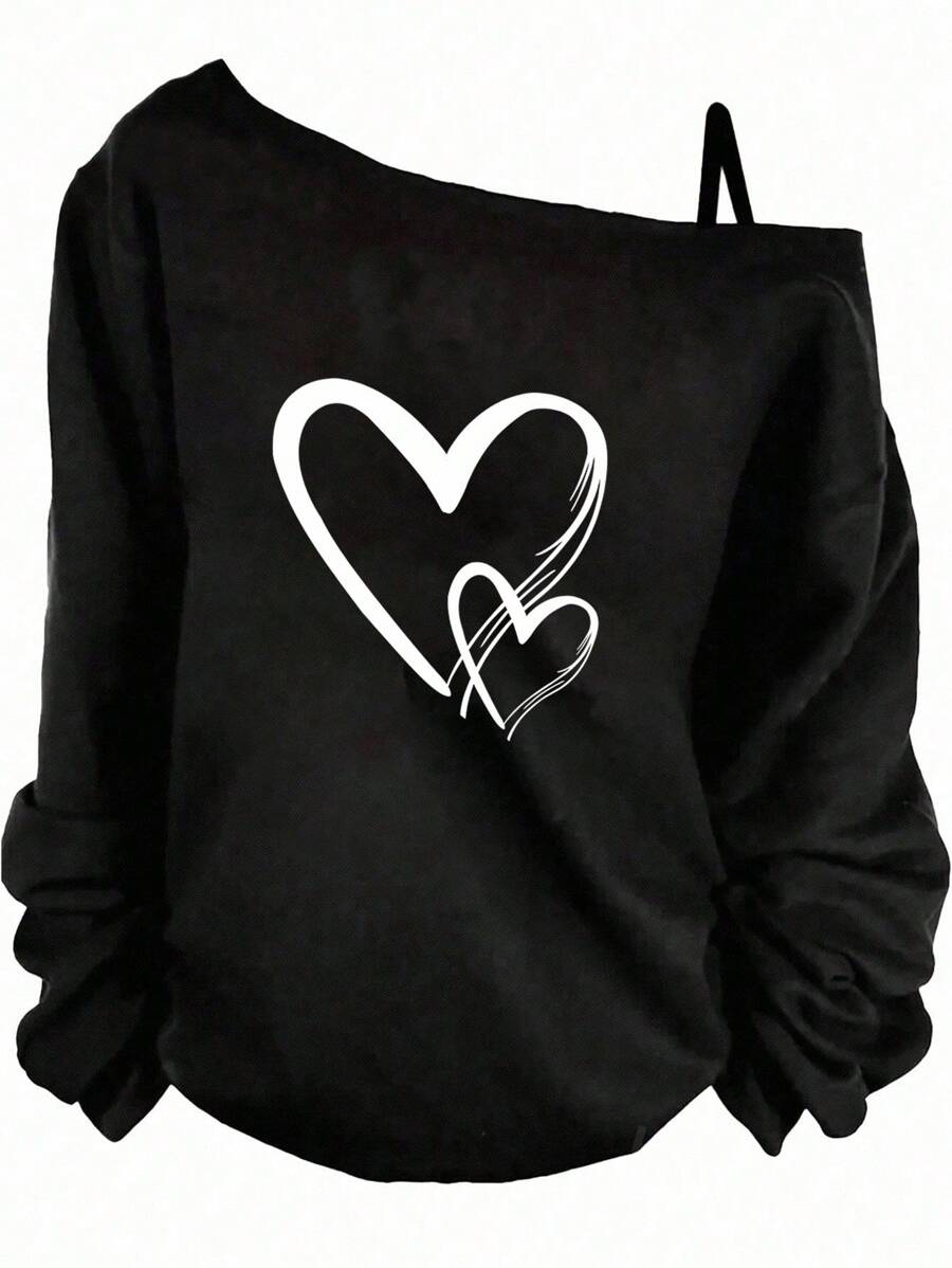EMERY ROSE Áo thun dài tay họa tiết trái tim phong cách đại học thường ngày dành cho nữ tham dự lễ hội âm nhạc trở lại trường, phù hợp cho mùa thu/đông - màu đen - Xem 1
