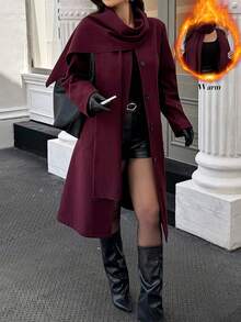 Calvaya 大码纯色围巾和羊毛大衣，时尚百搭，秋冬 - 酒紅色 - 查看 3