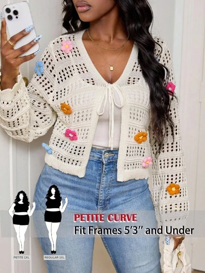 SHEIN PETITE CURVE เสื้อคาร์ดิแกนถักบางหรูหราตกแต่งลายดอกไม้ 3 มิติสำหรับผู้หญิงไซส์ใหญ่