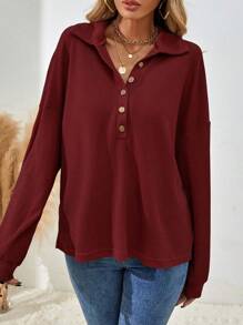 EMERY ROSE Camiseta casual holgada de mujer de unicolor, de manga larga, con caída en los hombros, botones y abertura media - Rojo - Ver 6