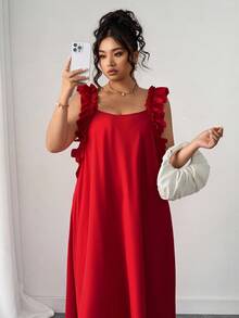 SHEIN PETITE Váy maxi cổ vuông không tay viền bèo màu trơn thanh lịch dành cho nữ cỡ lớn mùa Giáng sinh, mùa hè - Đỏ - Xem 6