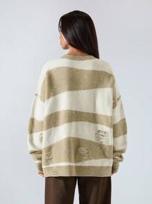 LYSMO Women's Casual Colorblock Striped Distressed Sweater, Autumn/Winter - Green - View 6