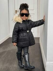 Chaqueta con capucha forrada térmicamente de color negro casual y versátil para bebés niñas, cálida para otoño/invierno - Negro - Ver 4