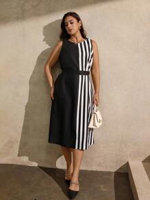 Juhart Plus Size Color Block Striped Round Neck Sleeveless Dress - Multicolor - View 6
