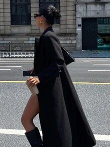 DAZY 女士纯色修身长袖翻领优雅休闲加厚外套，秋冬款 - 黑色 - 查看 7