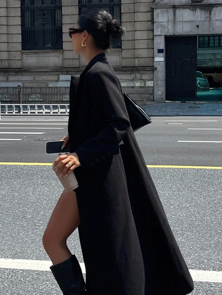 Women's Solid Color Fitted Waist Pocket Long Sleeve Turndown Collar Elegant Casual Thick Overcoat, Autumn/Winter