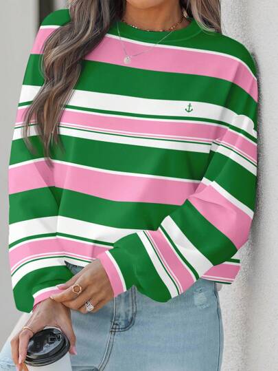 SHEIN LUNE Casual Colorblock Striped Loose Fit Sweatshirt, Suitable For Autumn/Winter, Plus Size,Fall Clothes For Women