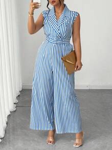 Elenzga 大码女式优雅条纹无袖连体裤 - 藍色 - 查看 4
