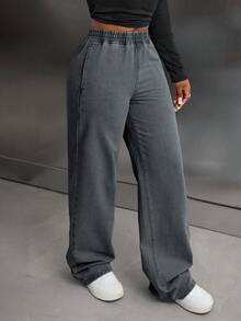 EURMUSE Jeans droits à taille élastique décontractés pour femmes - Gris - Voir 6