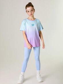 SHEIN Tween Girls 2pcs Set T-Shirt + Leggings, Yoga, Running, Workout Elastic Colorful Campus Street Fashion Sportswear - Blue - View 5