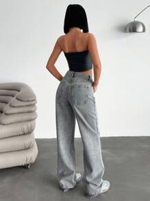 EURMUSE 低腰洗水阔腿牛仔裤 - 灰色 - 查看 2