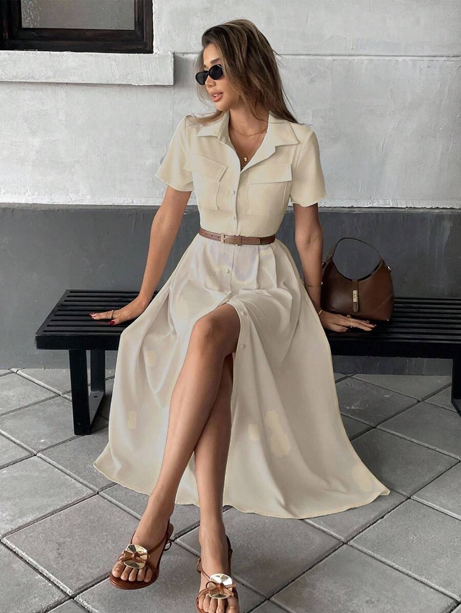 SHEIN PariChic 杏色褶边口袋衬衫裙，休闲优雅办公室女士长裙 - 杏色 - 查看 1