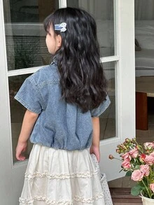 DAZY Young Girl Casual Washed Denim Short Sleeve Jacket - Blue - View 2