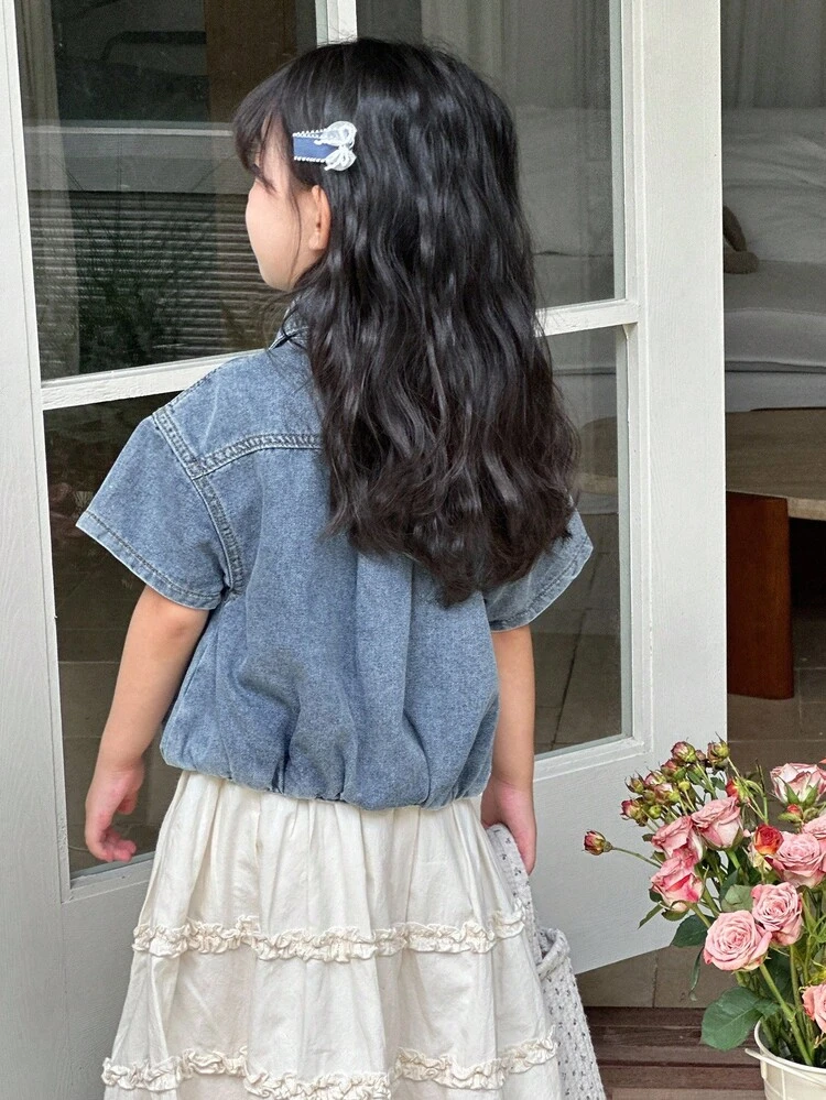 Young Girl Casual Washed Denim Short Sleeve Jacket