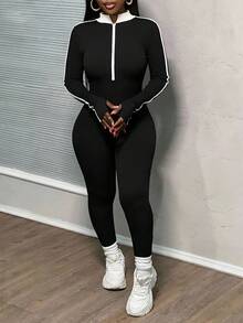 Slaydiva 女式秋季拼色拉链半襟长袖休闲连体裤