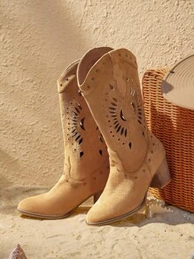 Styleloop Women's Hollow Out Western Style Pointed Toe Chunky Heel Mid-Calf Boots, BOHO Chic American Retro Bohemian Western Music Festival Party Christmas Halloween Outfit - Camel - View 1