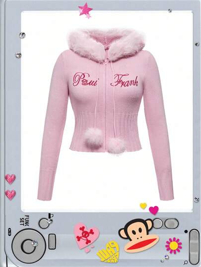 Paul Frank X ROMWE Women's Embroidered Pink Hooded Cardigan With Pom Pom