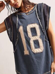 Bohemela Áo thun nữ cổ tròn dệt kim màu trơn in 18 miếng vá phong cách Boho Casual Vacation - màu đen - Xem 4