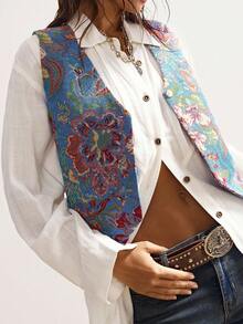 Bohemela Chaleco casual con estampado floral de jacquard, chaqueta bohemia de vacaciones con trenzas para otoño/invierno - Multicolor - Ver 5