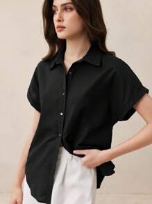 BizChic Áo sơ mi nữ màu đen cổ bẻ cài cúc phía trước, kiểu dáng cơ bản thường ngày cho mùa xuân/hè, dễ dàng phối đồ nhiều lớp. - màu đen - Xem 5