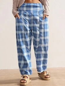 Bohemela 女士休闲梭织格子宽松裤 - 淺藍色 - 查看 5