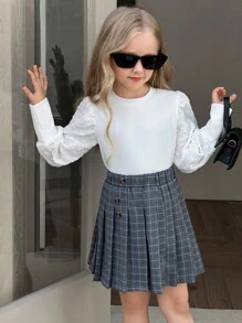 SHEIN 2件套 女童可爱泡泡袖舒适圆领白色长袖上衣搭配时尚格子百褶裙 - 白色 - 查看 3