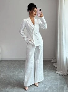 SHEIN Tall 女士优雅通勤白色提花面料缺口领双排扣装饰西装外套，长袖修身夹克+女士优雅通勤白色提花面料松紧腰长直筒裤 - 白色 - 查看 3