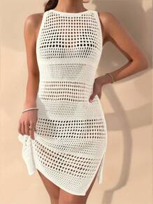 Ladies' Solid Color Simple Daily Sleeveless Cover Up Crochet Dress Summer - Beige - View 3