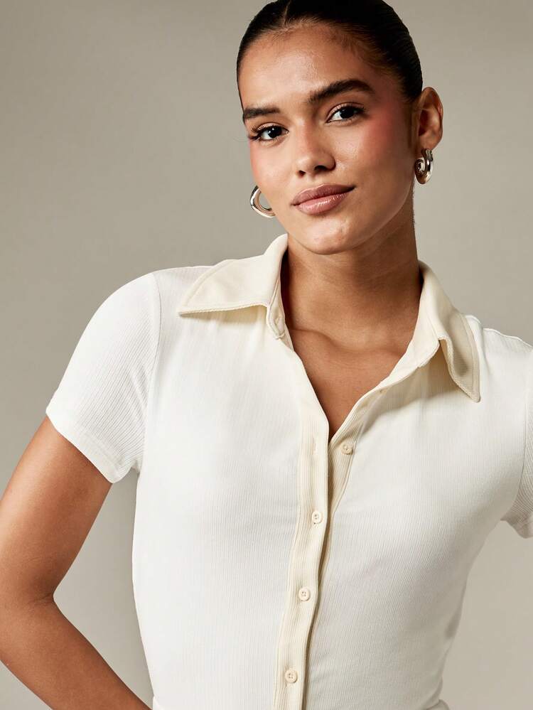 MISSGUIDED Short Sleeve Ribbed Romper With Collar Button Front Playsuit Summer Resort Wear Casual Retro Tennis Style One Piece Bodysuit